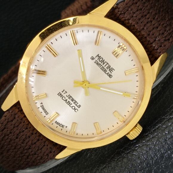 Vintage 1971 Montine Of Switzerland  Manual Mens Gold Watch W/Cloth Strap - Picture 1 of 9